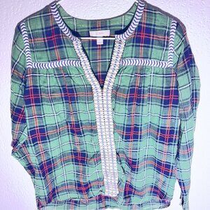 J.Crew Green Plaid Peasant Blouse with Trim – Size Small